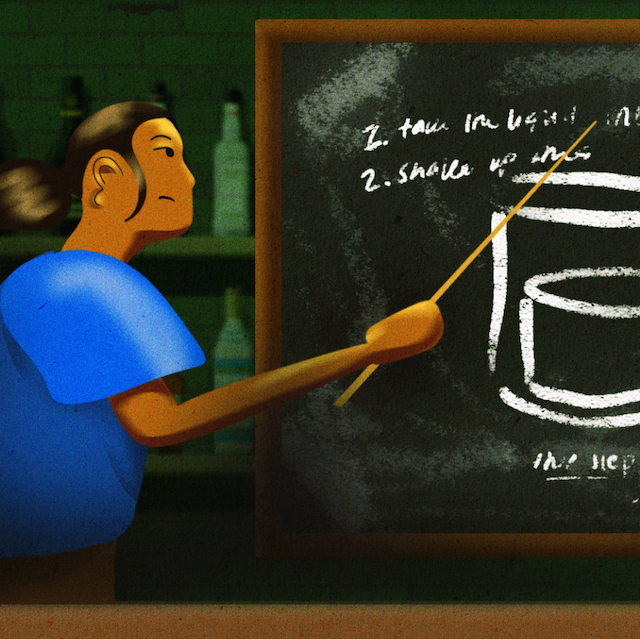 Cartoon bartender pointing at a blackboard