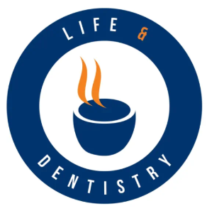 Life and dentistry white font written in blue circle surrounding a blue cup with steaming content