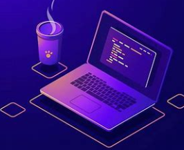 laptop on table with coffee mug, purple/blue/black 