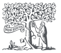 Non Solus, drawing of wisdom tree  with man picking grapes - black/white